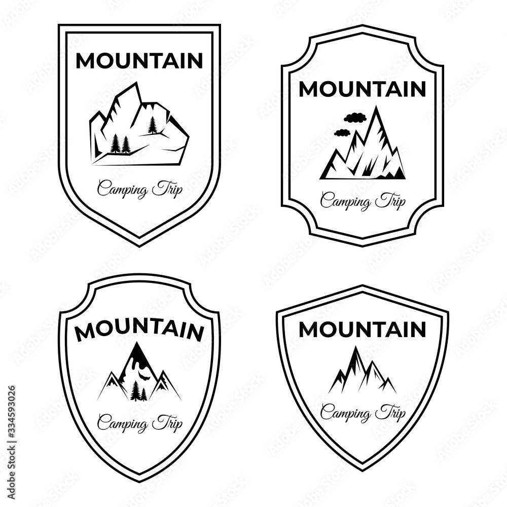 Obraz premium Set of mountain, camping trip vector logo designs. Active lifestyle, hiking, traveling in alps icons.