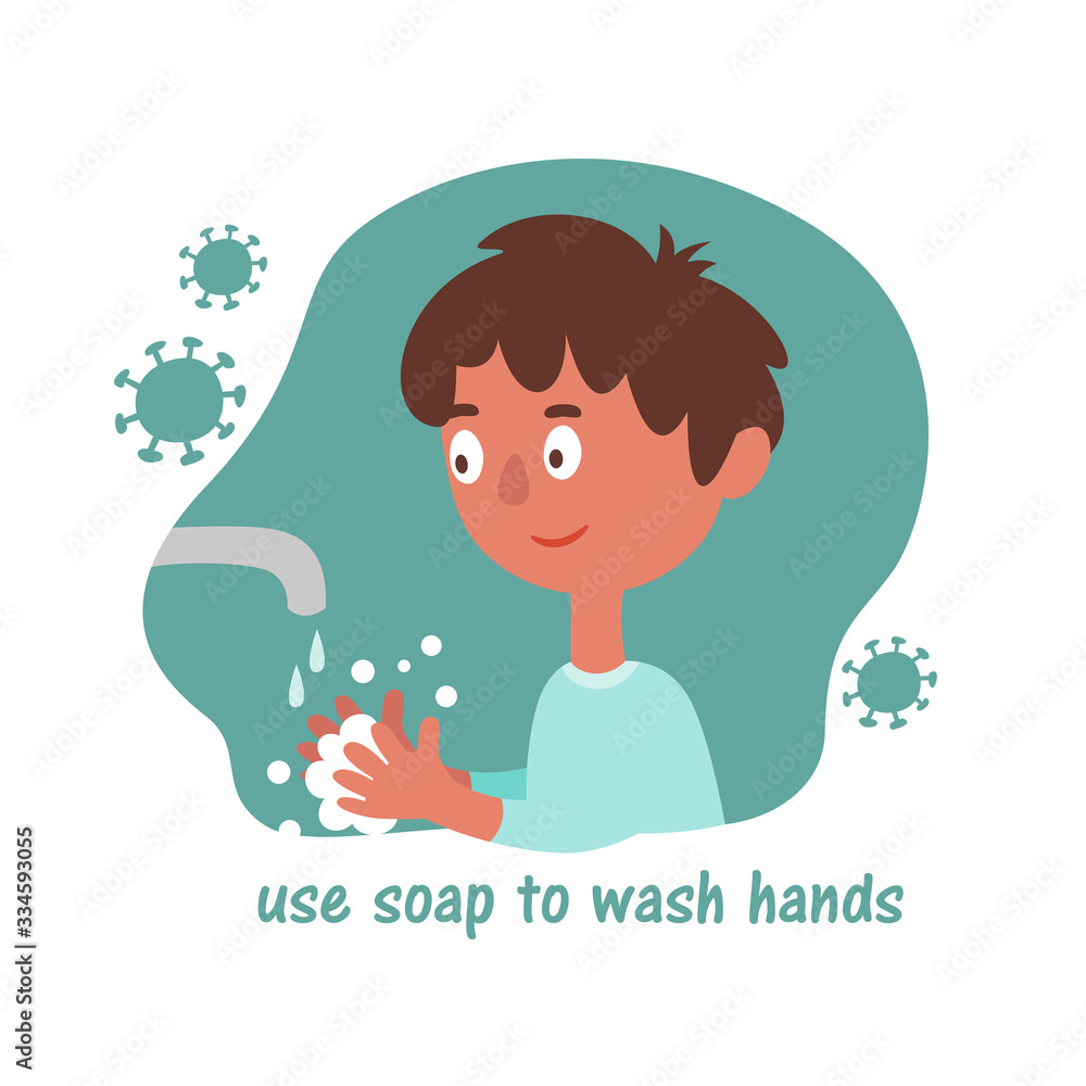 The boy washes his hands with soap. Quarantine Precautions During Coronavirus (2019-ncov or covid-19). Illustration in cartoon style isolated on white background. The boy washes his hands with soap. Quarantine Precautions During Coronavirus (2019-ncov or covid-19). Illustration in cartoon style isolated on white background.