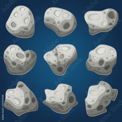 Space cartoon asteroids and meteorites. Different forms and sizes. Vector set.