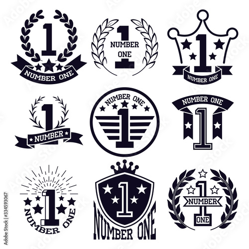 Number one banners templates. Number 1 label. Victory business. Achievement award symbols. Vector.