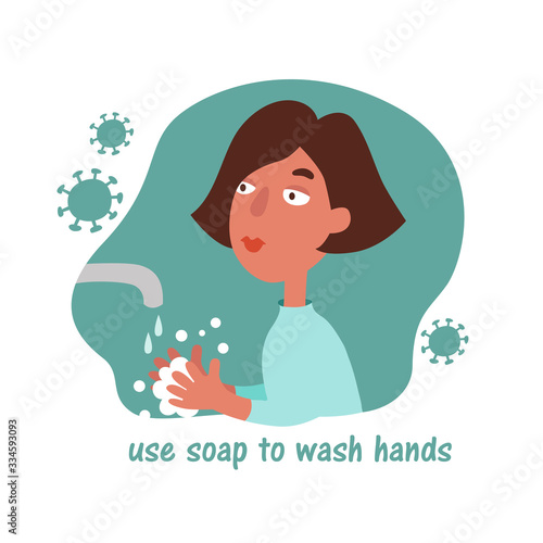 A woman washes her hands with soap. Quarantine Precautions During Coronavirus (2019-ncov or covid-19). Illustration in cartoon style isolated on white background.