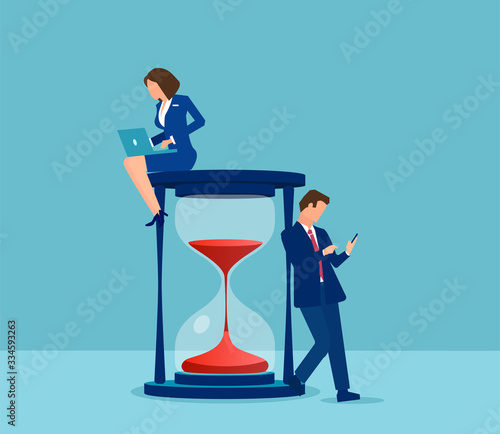 Vector of businesspeople with laptop and mobile phone working online around the hourglass.