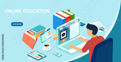 Vector of a student studying at home using laptop computer.