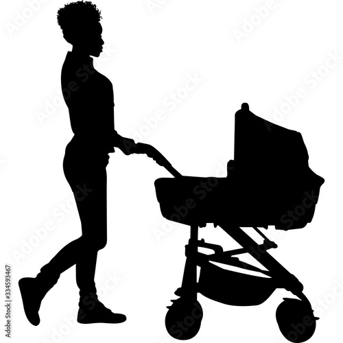 African American Woman with Stroller Silhouette Vector