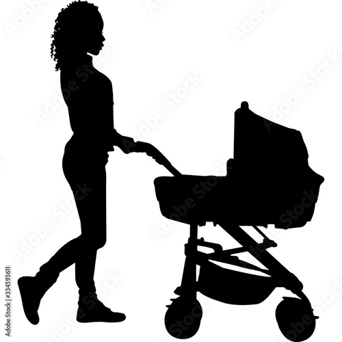 African American Woman with Stroller Silhouette Vector