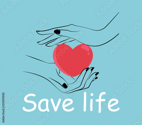 Vector of hands and red heart as a symbol of blood and organ donation