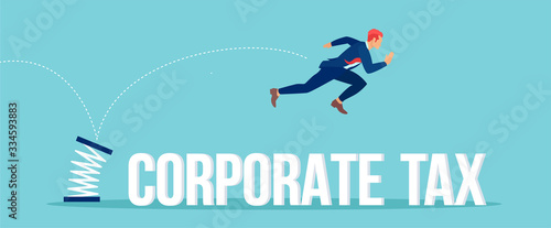 Vector of a company executive jumping over a corporate tax