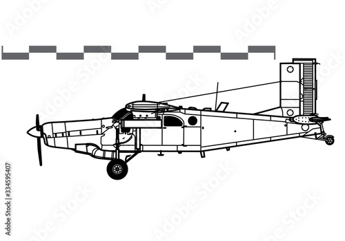 Fairchild AU-23 Peacemaker. Vector drawing of light attack aircraft. Side view. Image for illustration and infographics.