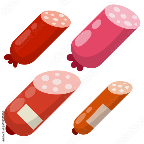 Set of different sausage. Cartoon flat illustration. Meat food. Red nutrient object. Sliced half of bologna for a sandwich
