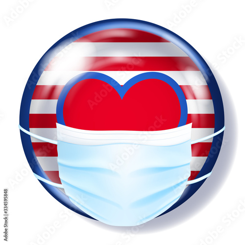 Round glass button in USA flag colors with a medical disposable mask for protection of coronavirus