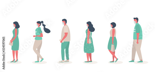 People in medical masks stand in line. Men and women keep their distance to stay safe. Vector illustration in flat style.