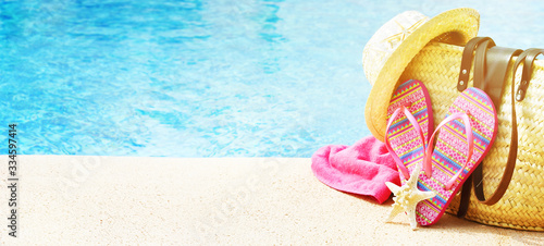 Summer accessories at the swim pool, Travel concept, Vacation time