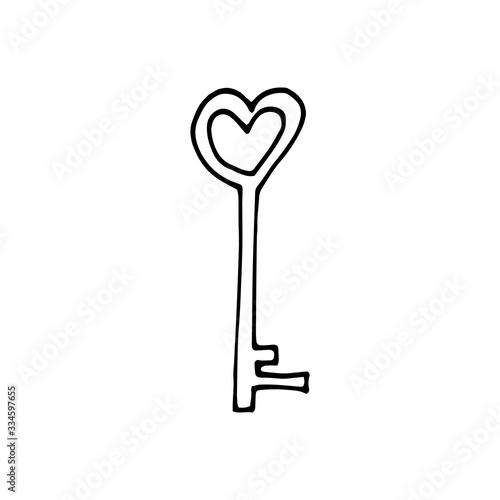 Cute doodle love key. Hand drawn vector illustration. Sweet element for greeting cards, posters, stickers and seasonal design. Isolated on white background