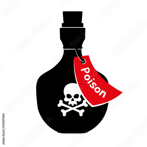 Bottle icon with poison and skull with crossbones, red tag. White background, Isolated object. Vector illustration