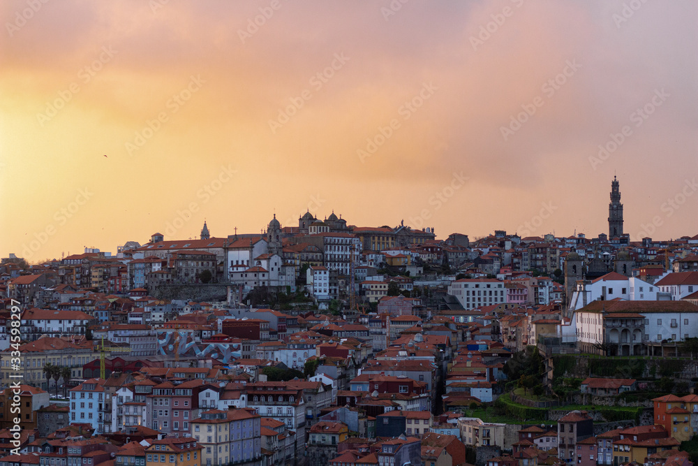 City of Porto in Portugal in a vivid yellow sunset