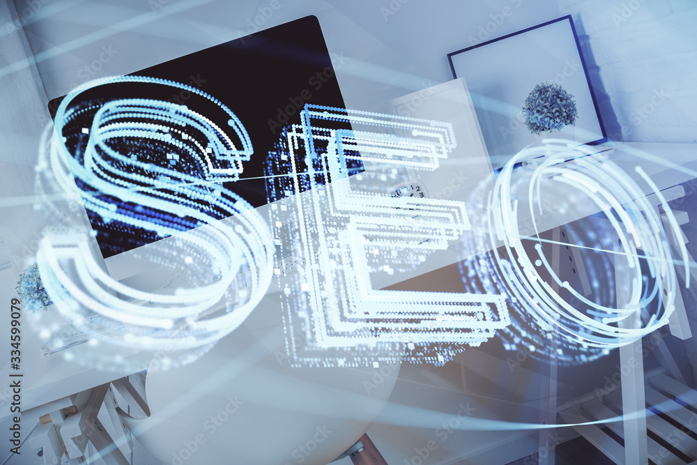 Double exposure of SEO drawing and office interior background. Concept of Search optimization engine. Double exposure of SEO drawing and office interior background. Concept of Search optimization engine.