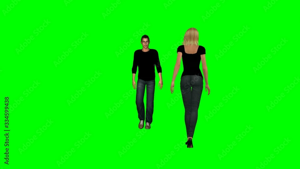 Two people passing on a green screen. Two people passing on a green screen.