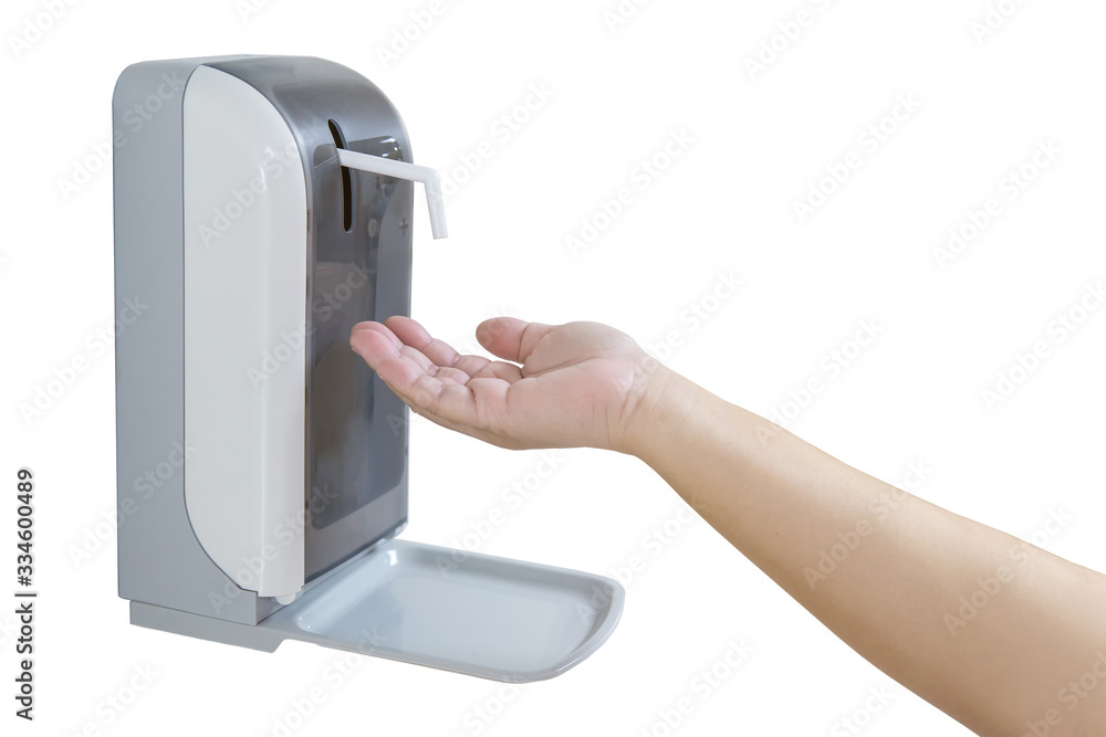 Hands under the automatic alcohol dispenser on white background. Infection and hospitably concept. save and protect disease virus against germs and clean in the public area. Hands under the automatic alcohol dispenser on white background. Infection and hospitably concept. save and protect disease virus against germs and clean in the public area.