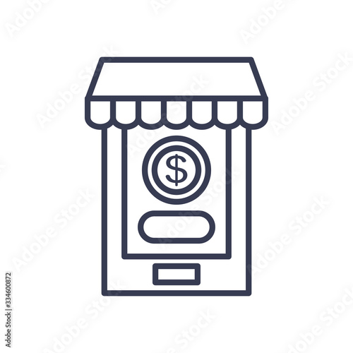 payment online concept, smartphone with store tent and money coin on screen icon, line style