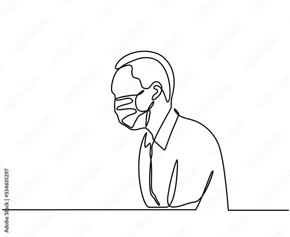 continuous line drawing of Man wearing hygienic mask to prevent infection, airborne respiratory illness such as flu, corona virus. Protection against contagious disease. isolated on white background continuous line drawing of Man wearing hygienic mask to prevent infection, airborne respiratory illness such as flu, corona virus. Protection against contagious disease. isolated on white background