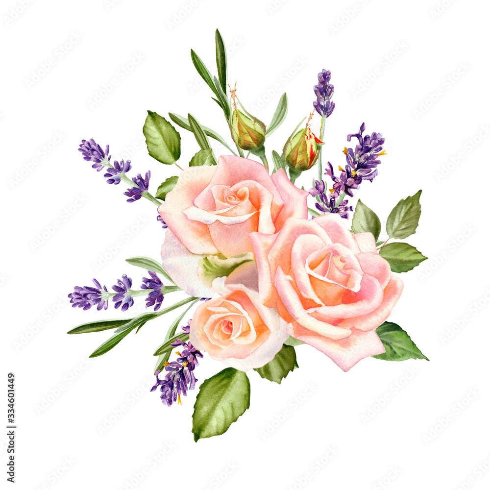 Fototapeta Akwarela bukiet róż i kwiatów lawendy na białym tle na białym tle. Modny elegancki design na zaproszenie na ślub, plakat, kartki z życzeniami. Rysunek kwiatowy ilustracja.