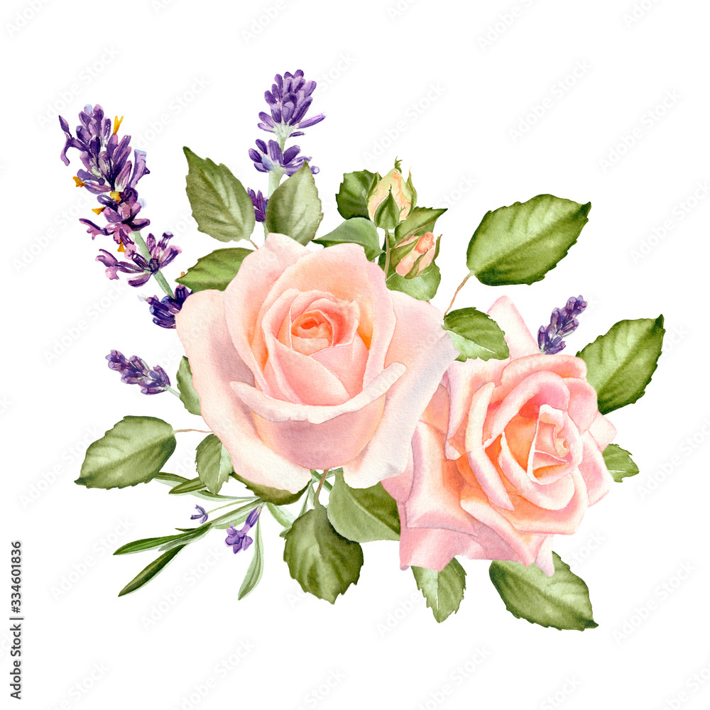 Watercolor blush roses with lavender flowers isolated on a white background. The trendy elegant design for wedding invitation, poster, greeting cards and web design. Hand drawing floral illustration.