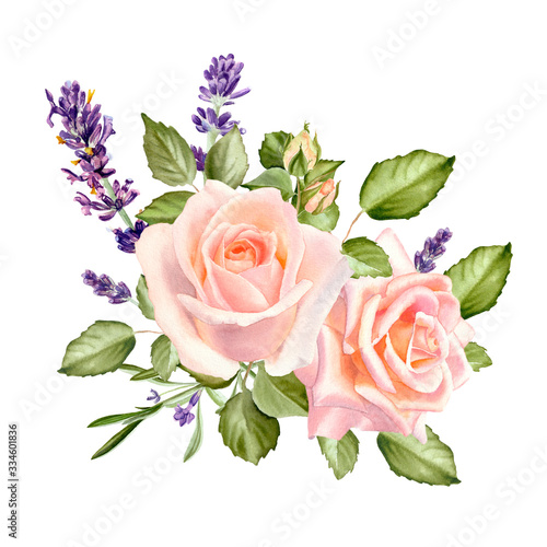 Watercolor blush roses with lavender flowers isolated on a white background. The trendy elegant design for wedding invitation, poster, greeting cards and web design. Hand drawing floral illustration. © Nataliya Kunitsyna