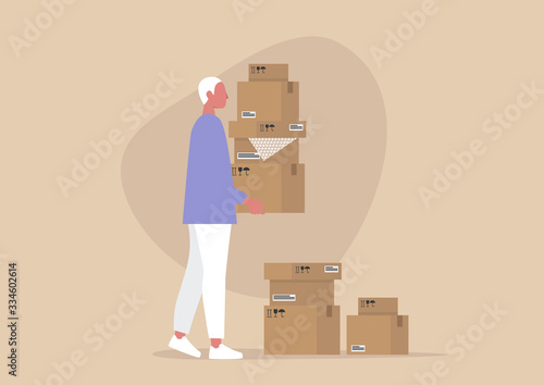 Young male character holding a pile of cardboard boxes, delivery service, courier