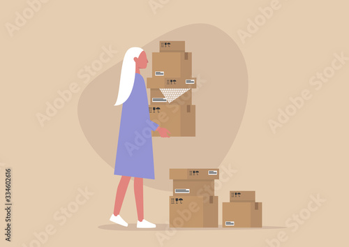 Young female character holding a pile of cardboard boxes, delivery service, courier