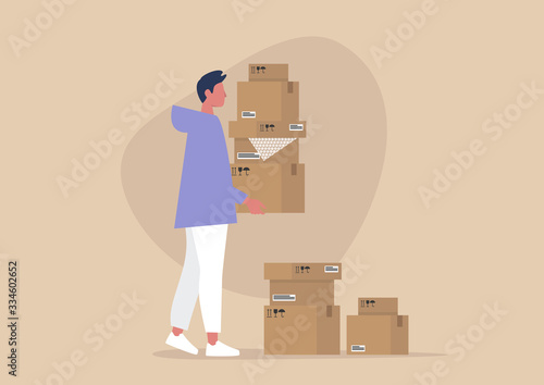 Young male character holding a pile of cardboard boxes, delivery service, courier