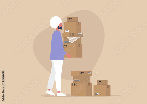 Young indian male character holding a pile of cardboard boxes, delivery service, courier