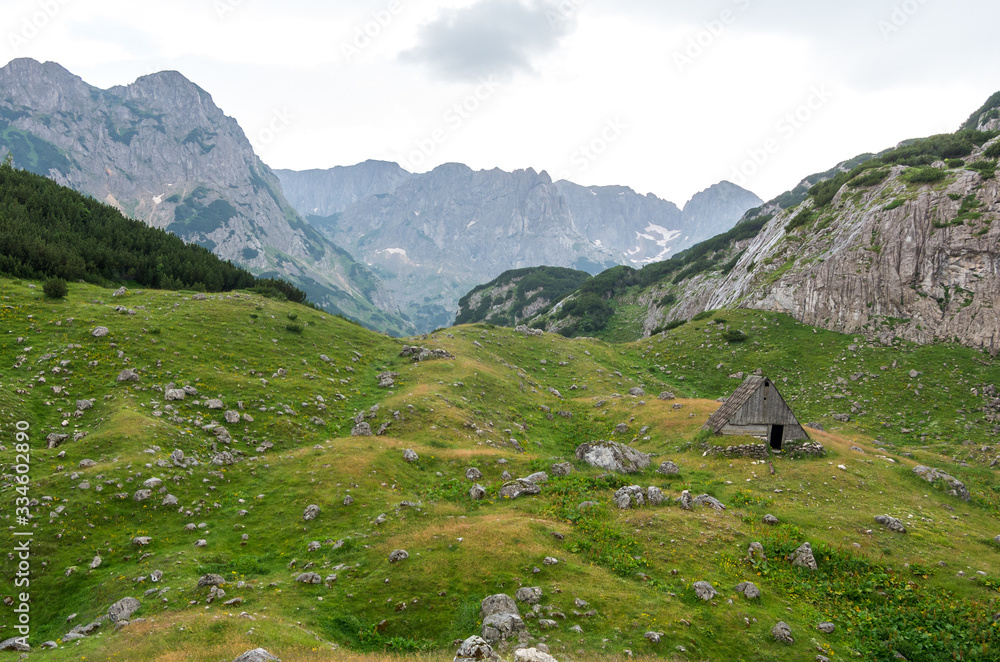 Fototapeta premium Mountain landscape with hut in Durmitor. Montenegro