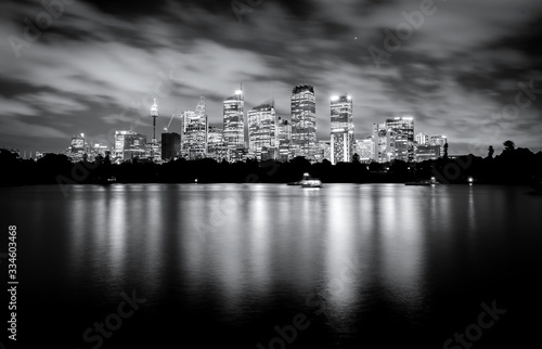 Black and white photo of skyscrapers at night  Sydney Australia