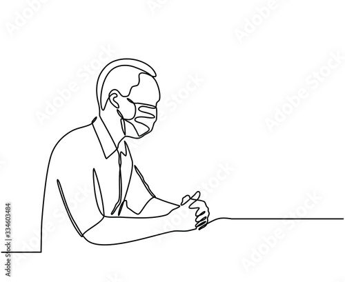 continuous line drawing of Man wearing hygienic mask to prevent infection, airborne respiratory illness such as flu, corona virus. Protection against contagious disease. isolated on white background