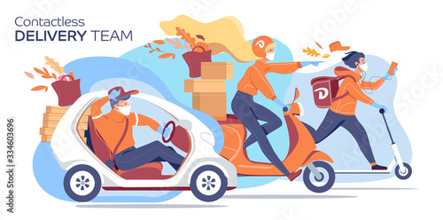 Contactless delivery team. Online delivery service couriers in a masks and gloves. flat vector illustration. photo