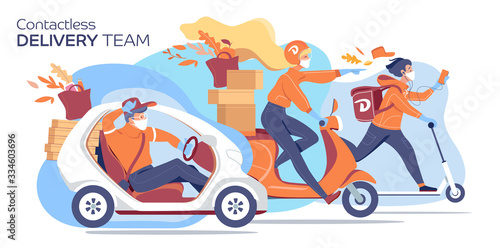 Contactless delivery team. Online delivery service couriers in a masks and gloves. flat vector illustration.