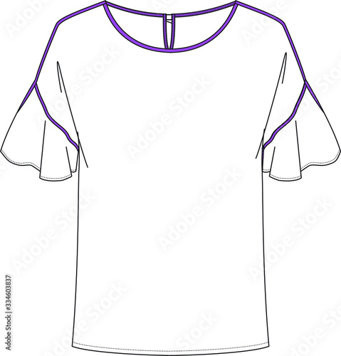T Shirt Design, Fashion Flat Sketch, apparel template.Contrast Binding Ruffle sleeve Blouse