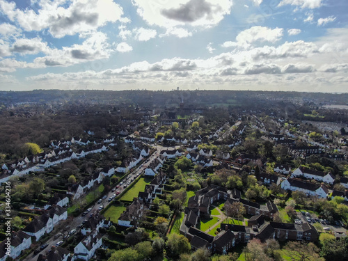 Aerial view of Hampstead Garden Suburb and typical house cottage, an elevated suburb of London.