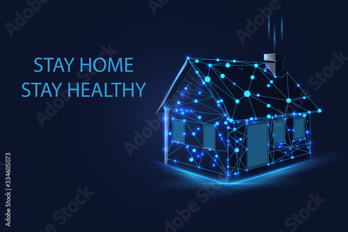 Working from home, self quarantine due to coronavirus pandemic concept with glowing low polygonal virus cells and residential house. Stay home, stay safe. Modern wire frame mesh design vector image.