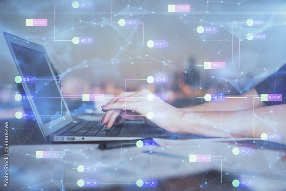 Multi exposure of woman hands working on computer and data theme hologram drawing. Tech concept. Multi exposure of woman hands working on computer and data theme hologram drawing. Tech concept.