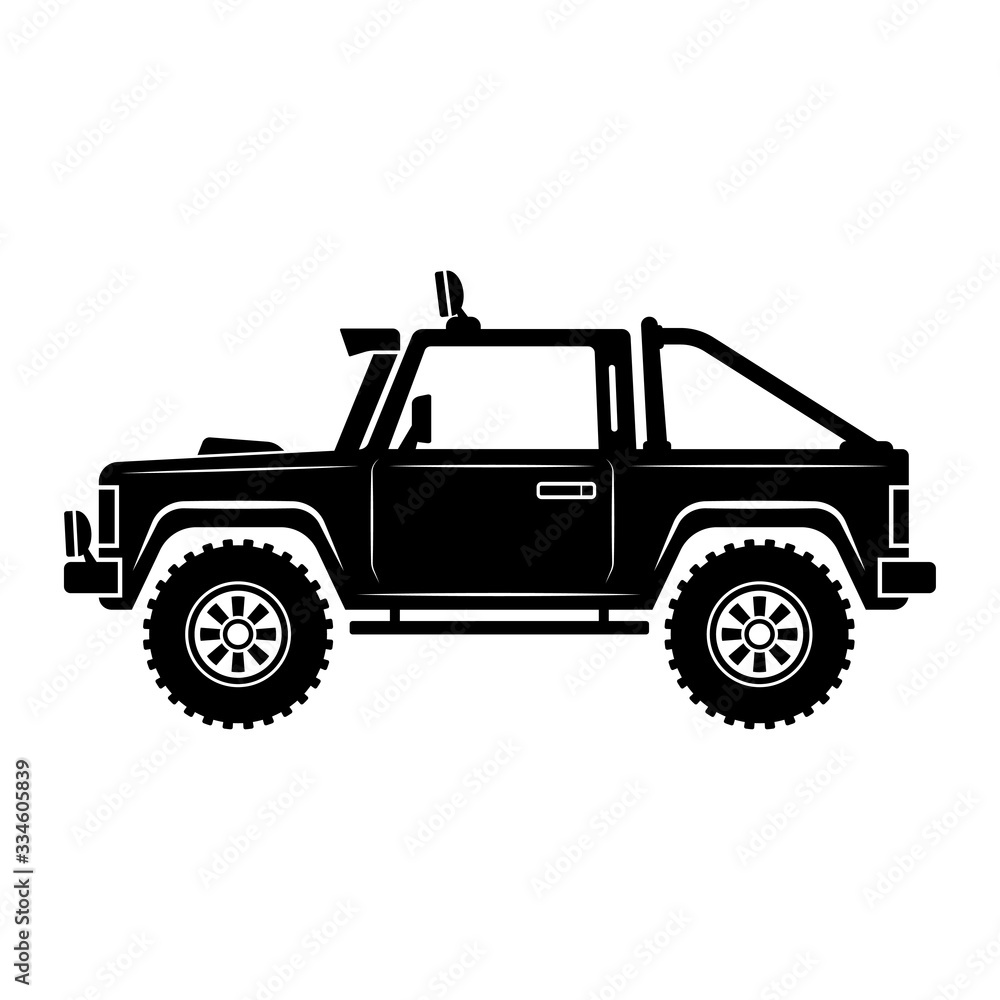 SUV icon. Off-road car with big wheels. Black silhouette. Side view. Vector graphic illustration. Isolated object on a white background. Isolate.
