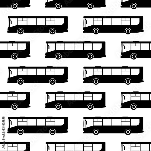 Public city passenger buses isolated on white background. Seamless pattern. Black silhouette. Side view. Vector graphic illustration. Texture.