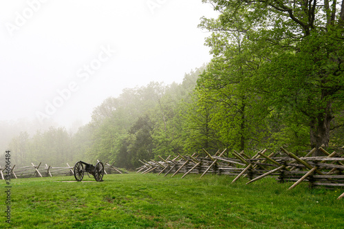 Canvas Print Canon in field on foggy morning, Gettysburg, Pennsylvania.