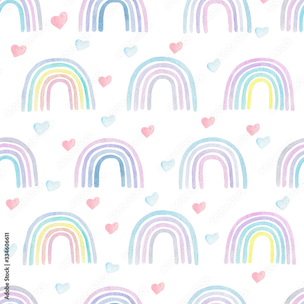 Fototapeta premium Rainbows and hearts tenderly watercolor seamless pattern. Digital paper. Kids illustration. Colorful nursery art.