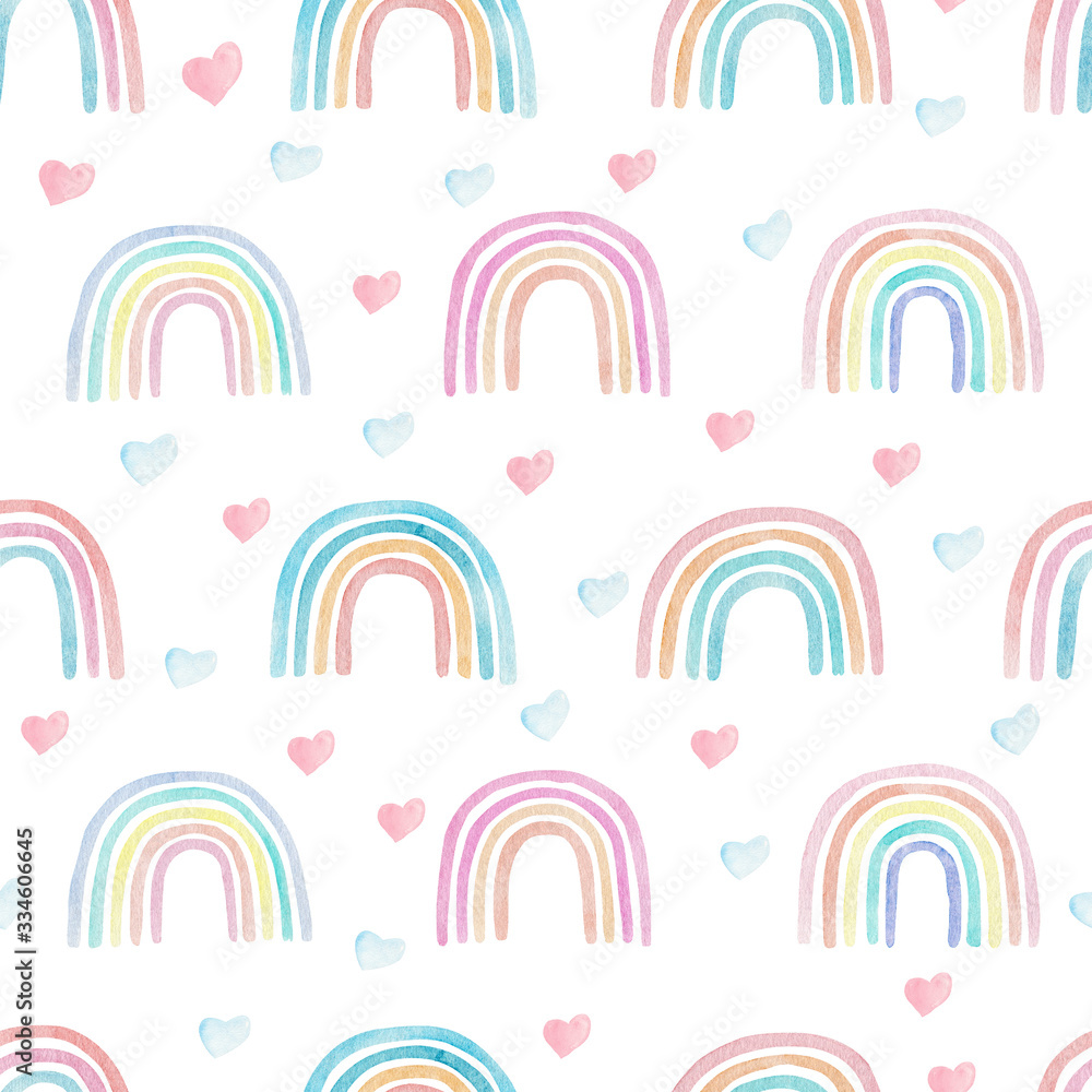 Rainbows and hearts cute watercolor seamless pattern. Digital paper. Trendy scandinavian style.