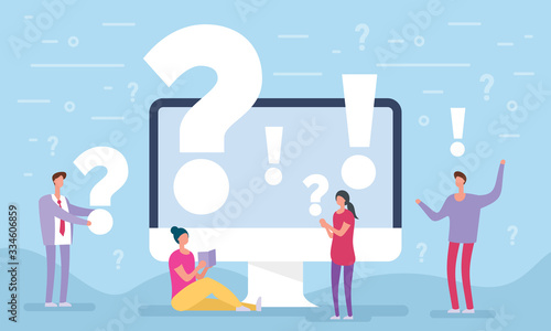 People asking questions around a huge question mark in computer. Question mark concept. Vector illustration for web banner, infographics, mobile. Landing page template. FAQ business manager.