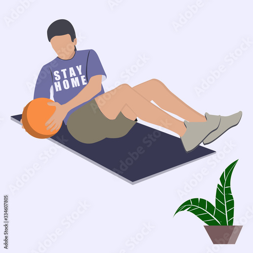Stay home - Sports exercises with the ball. Pandemic. Quarantine. Self isolation. Sports activities at home.