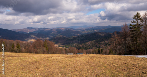 Fototapeta Naklejka Na Ścianę i Meble -  Meadow in mountains with forest and mountain peaks in background, Poland Beskidy