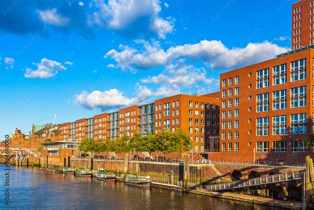 Panoramic view of City of Warehouses disctrict (German: Speicherstadt) in Hamburg city, Germany. The largest warehouse district in the world. UNESCO World Heritage Site since 2015