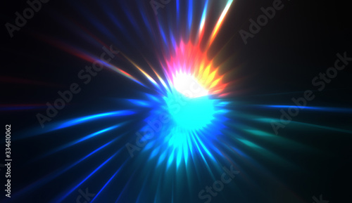 Spectacular light show. Colorful and vibrant particle explotion with glowing rays of light. Multicolored star burst. photo